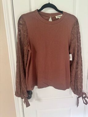NWT‎ Listicle Lace Bell Sleeve Long-Sleeve Cotton Boho Festival Top L in Brown